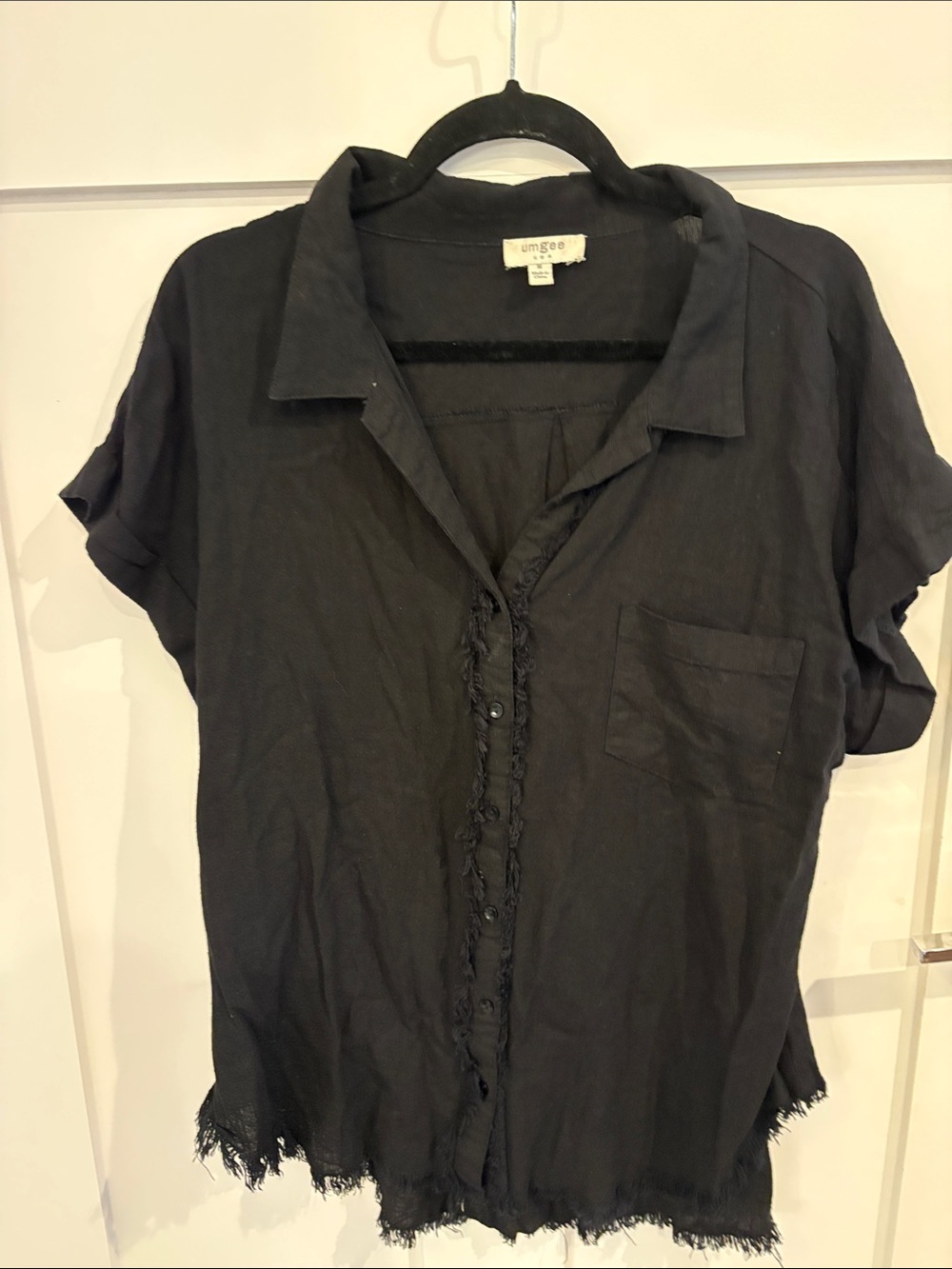 Umgee Black Short Sleeve Button-Down Top with Frayed Hem